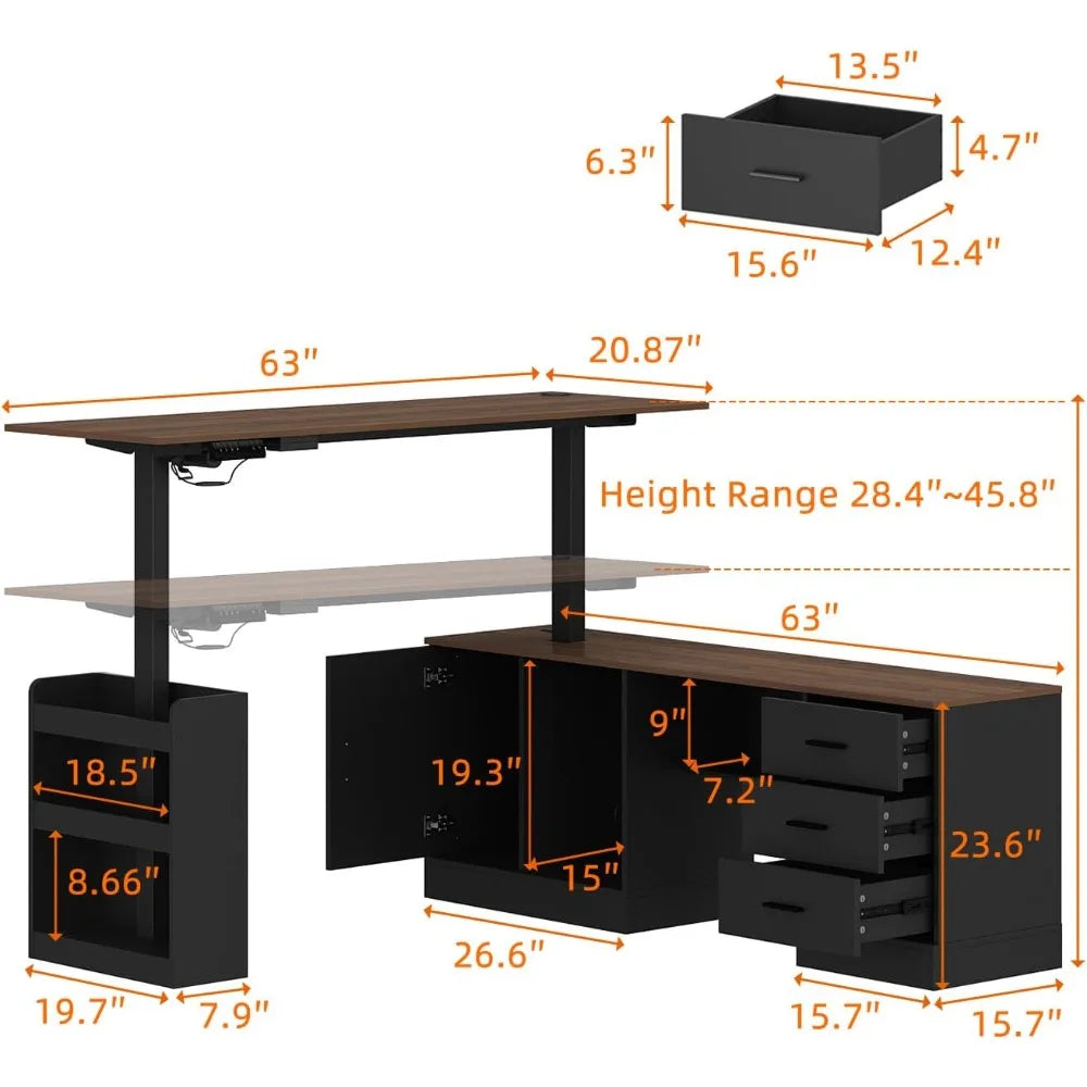 L Shaped Electric Standing Desk with Drawers and Shelves Height Adjustable