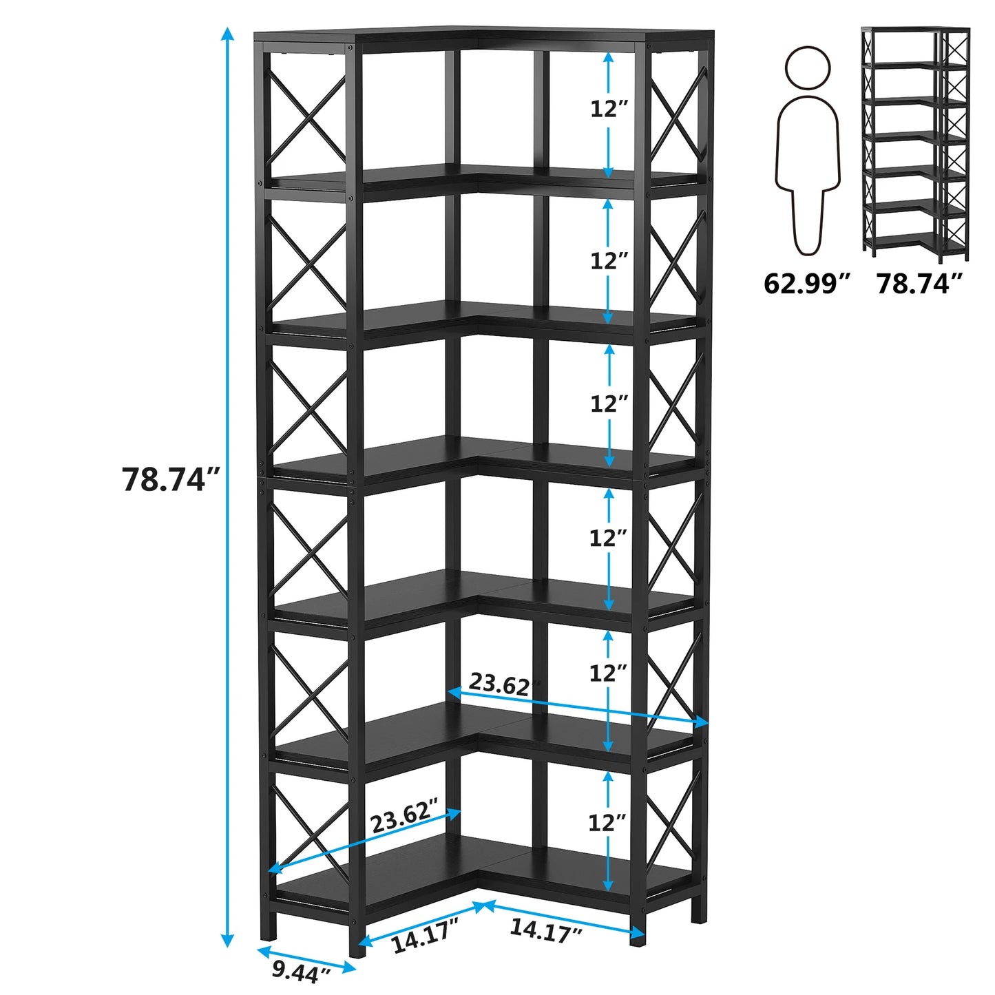 Ljustra 7-Shelf Corner Bookshelf Modern Corner Bookcase Storage Rack