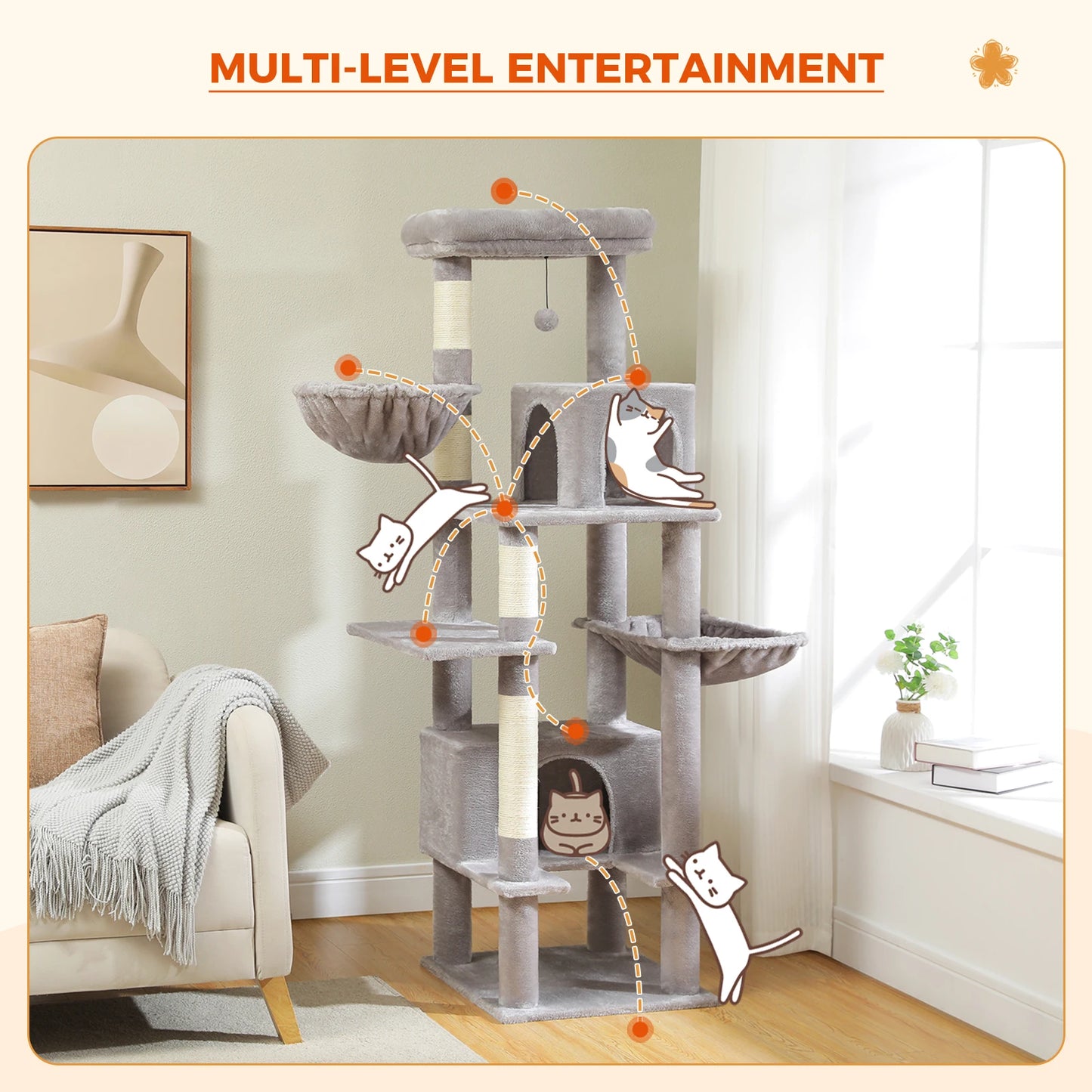 Cat Tree Large Metal Hammock 2 Condos Scratching Post for Indoor Cats