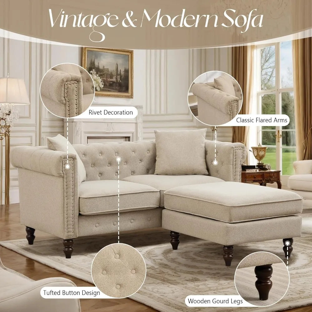 Classic Chesterfield Tufted Linen Loveseat Sofa with Gourd Legs