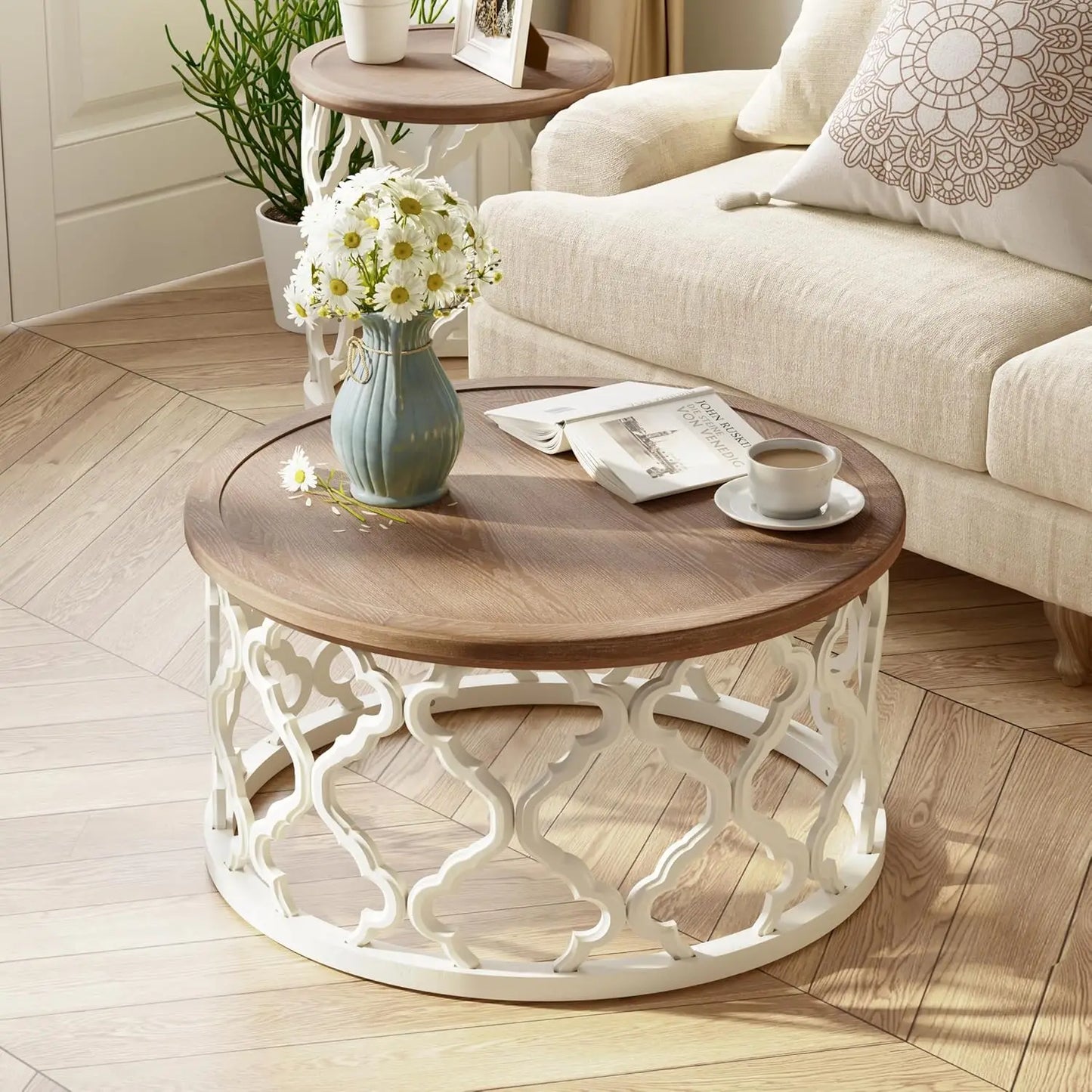 Farmhouse Coffee Table Round Distressed Tray Top Rustic Boho Decor