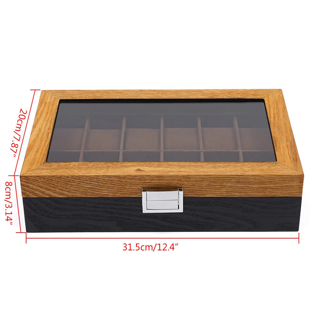 12 Slots Wooden Watch Box Organizer Jewelry Storage Case with Lock