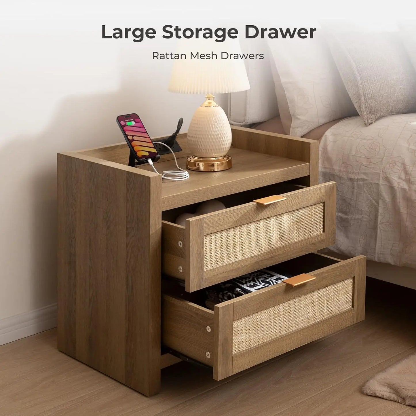Rattan Nightstand End Table with Type-C Charging Station and 2 Drawers