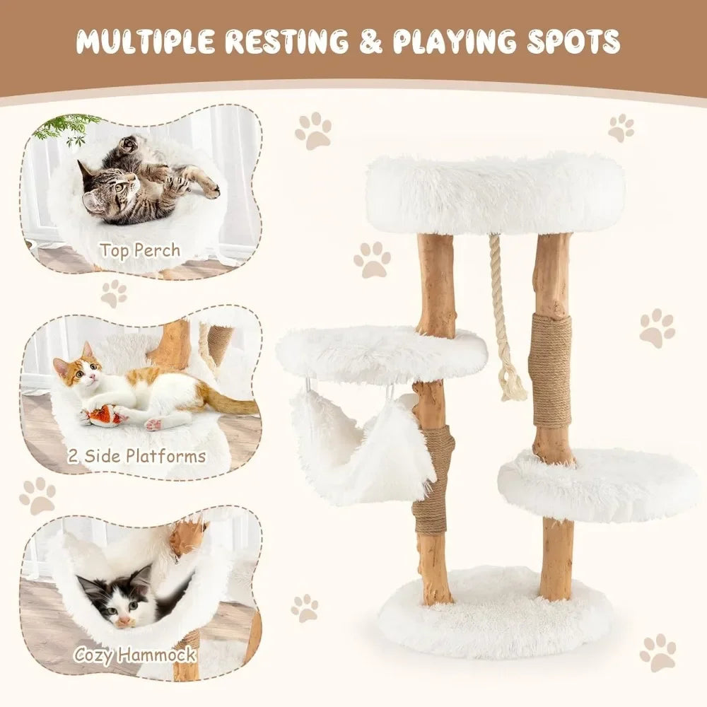 Cat Tree Indoor Solid Wood Modern Cat Tower with Hammock and Perch