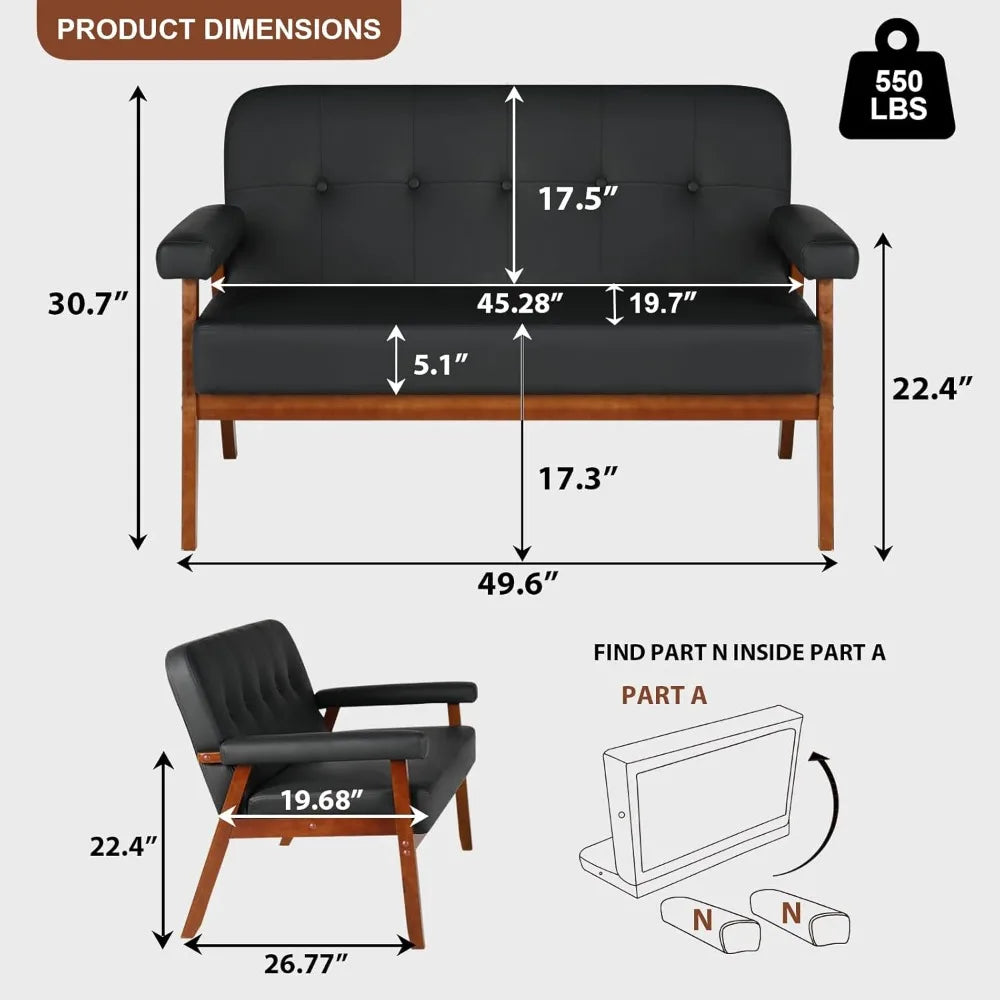 50” Black Faux Leather Mid Century Loveseat – Small 2-Seater Sofa with Wood Arms