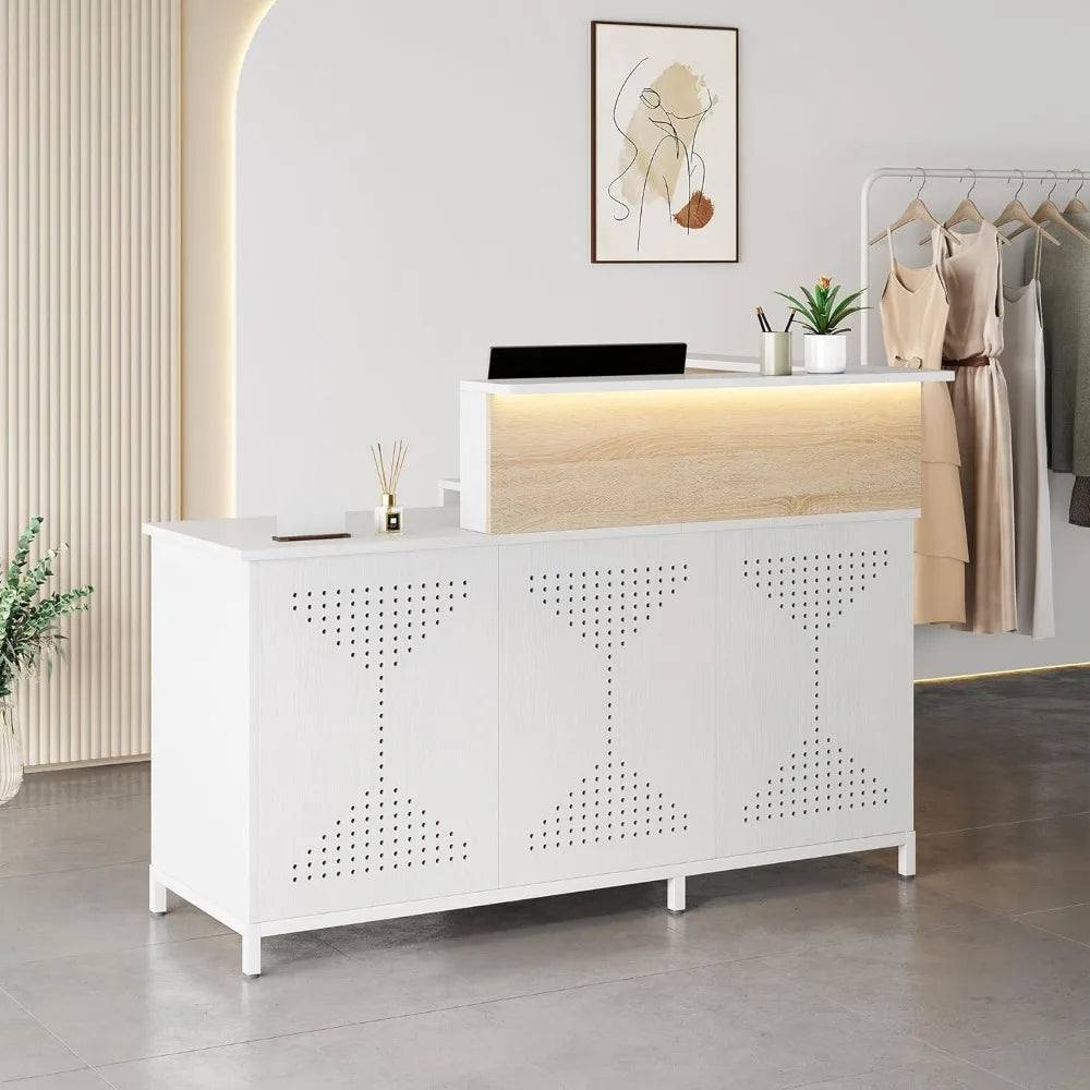 L-Shaped Reception Desk with LED Lights Modern Checkout Counter Table