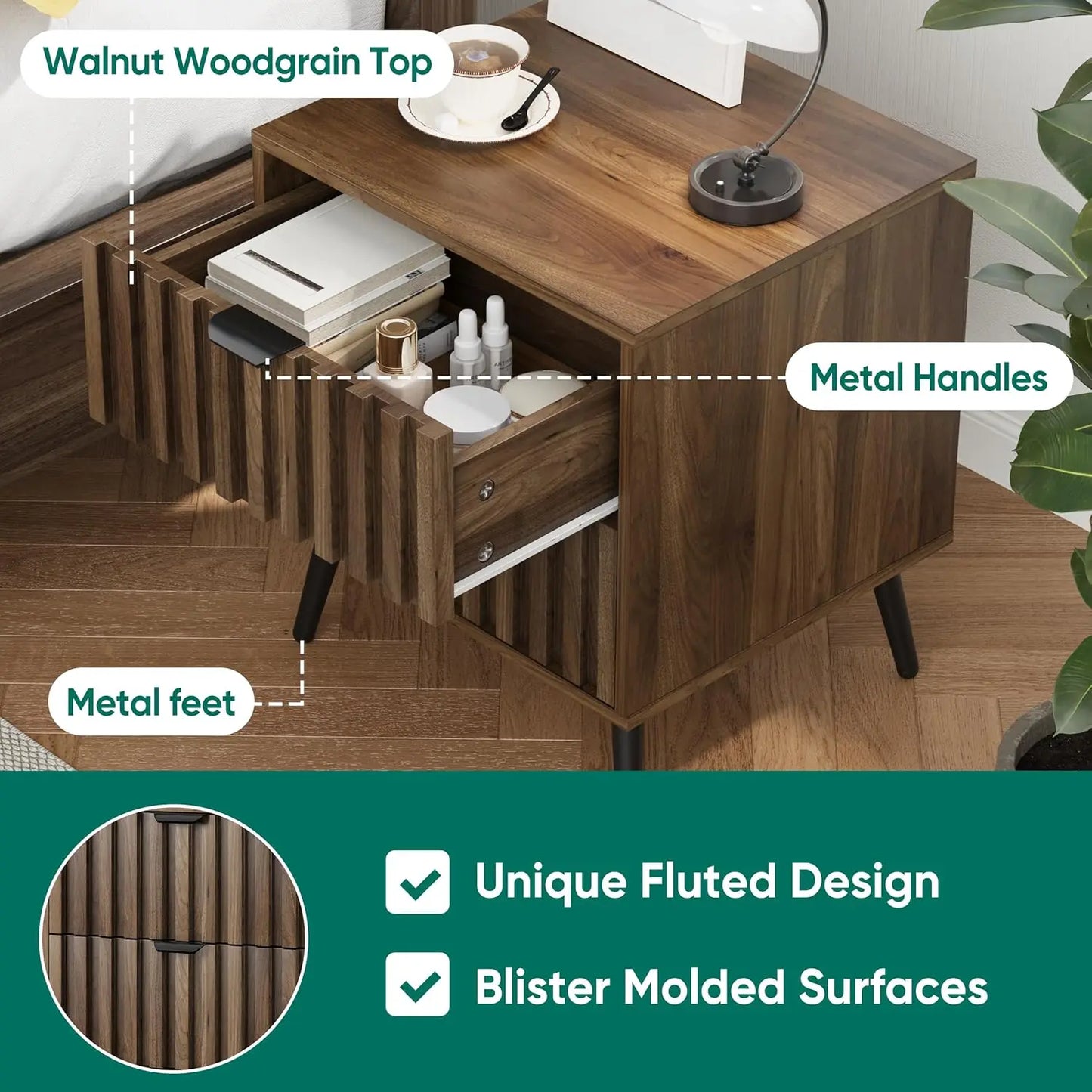 Walnut Mid Century Nightstand with 2 Drawers Modern Bedside Table