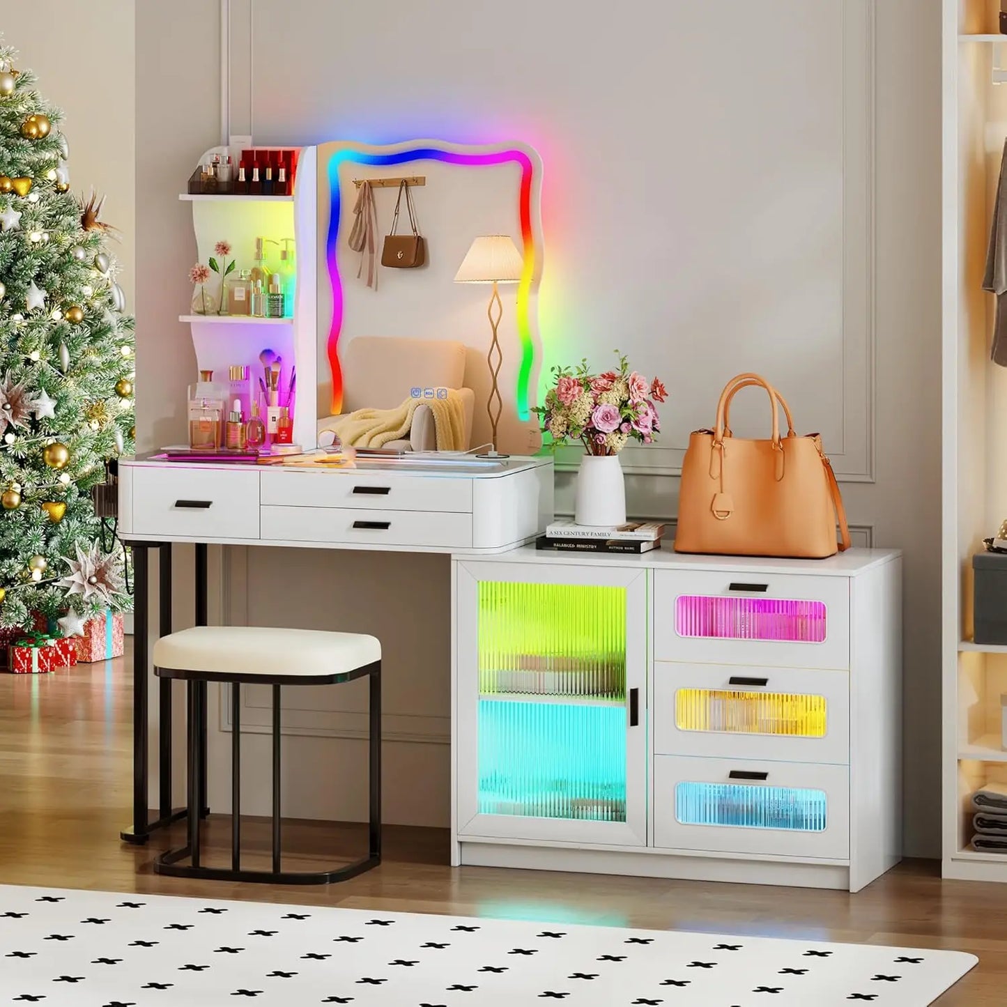 Large Makeup Vanity Desk with Mirror RGB Lights Charging Station