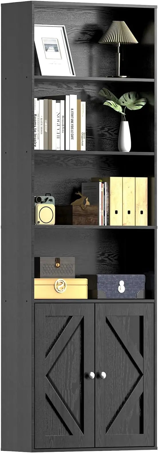 Wooden Bookshelves Bookcases with Doors 6 Shelf Storage Display 70.86in