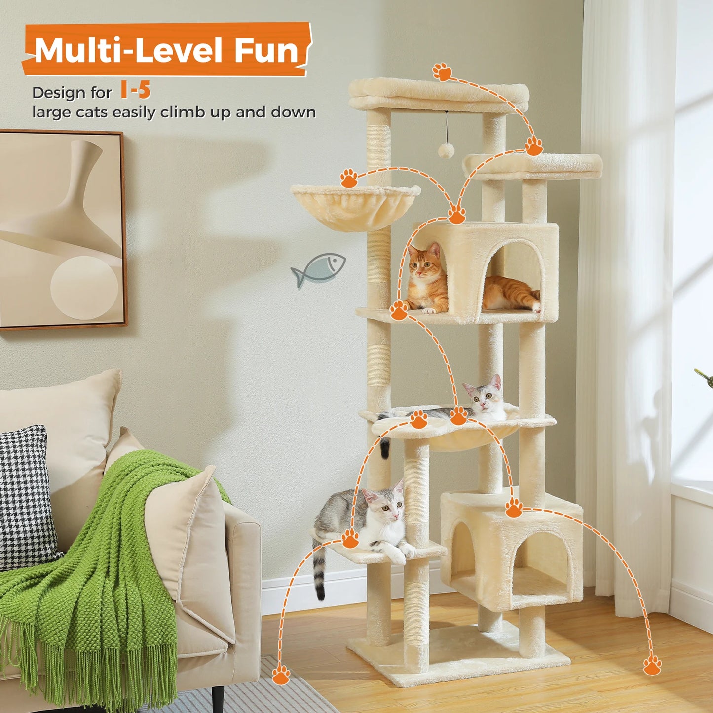 175cm Cat Tree for Large Cats with Hammock Condo Perch Scratching Posts