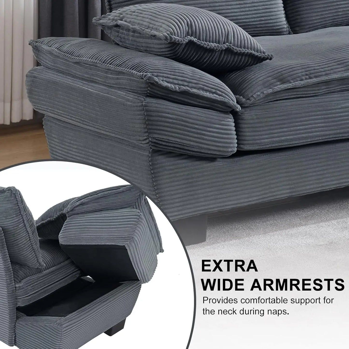 90" Oversized Corduroy Loveseat Sofa – Deep Seat Modern Couch with Pillows, Grey Upholstered Sofa