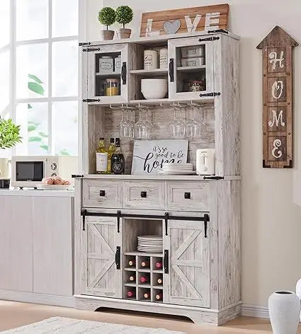 Farmhouse Buffet Hutch Large Bar Cabinet Sliding Barn Door Storage