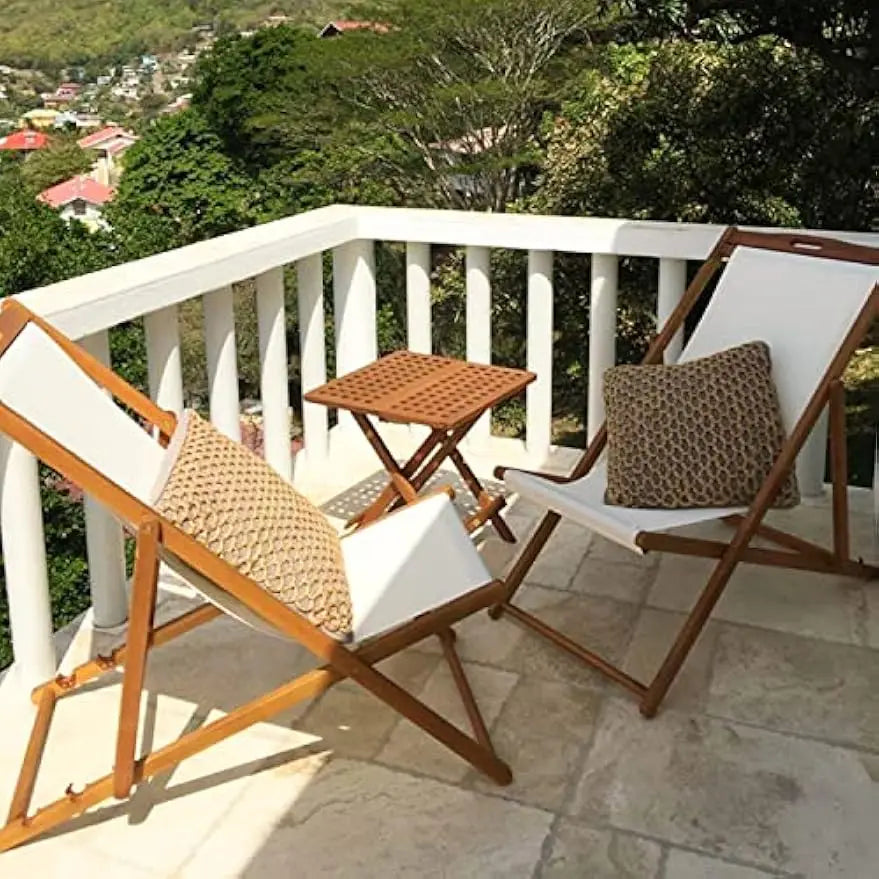 Beach Sling Patio Chair Foldable Adjustable Eucalyptus Wood Outdoor Lounge