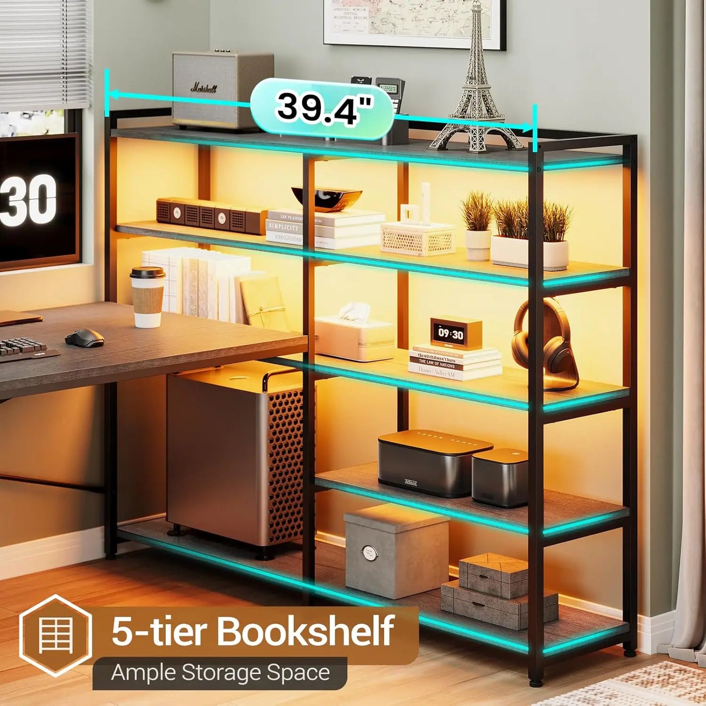 Reversible U Shaped Computer Desk with 3 Drawers Power Outlet LED Lights