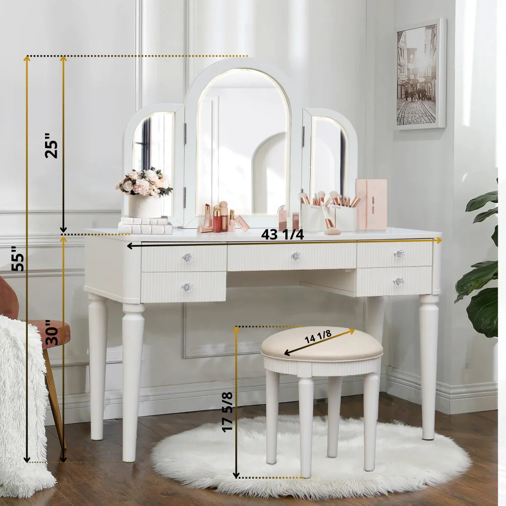 Luxury Mirrored Vanity Desk Set with Stool and Drawer Storage for Bedroom