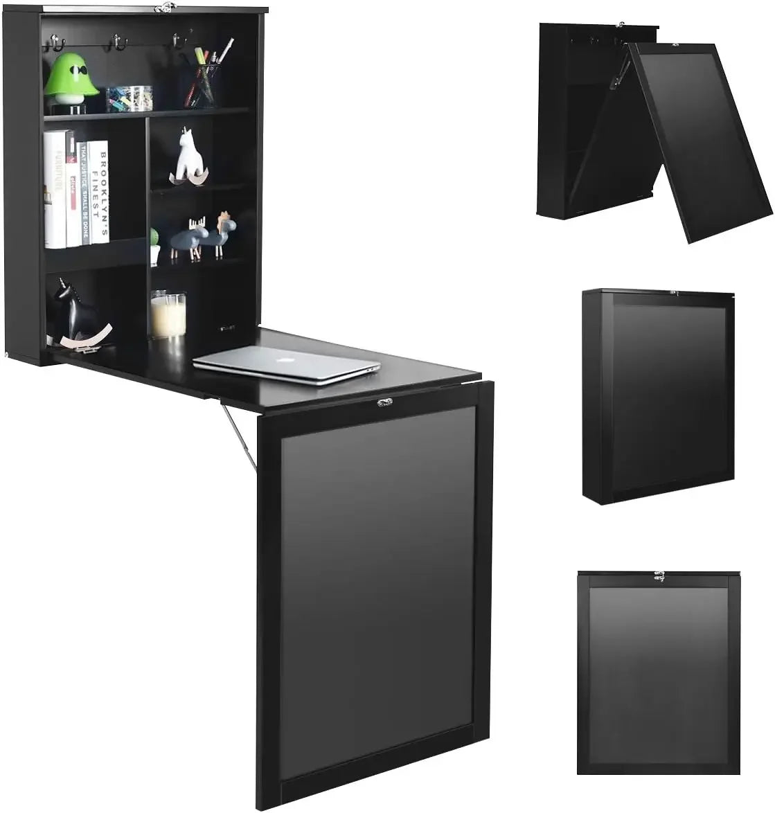 Folding Wall Mounted Desk with Storage Shelves and Hooks for Small Spaces