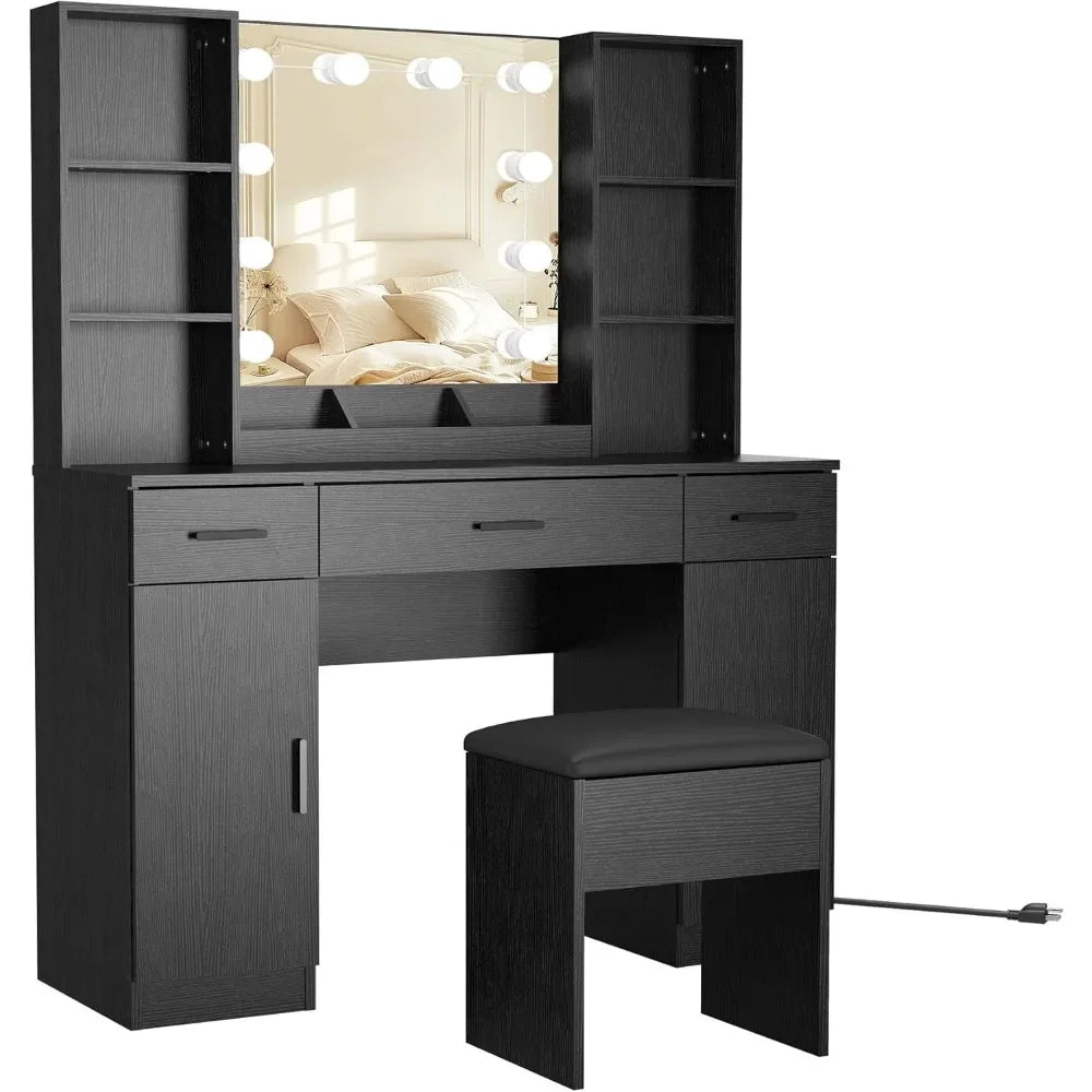 Modern Vanity Desk Makeup Table with Lights Storage Drawers and Shelves