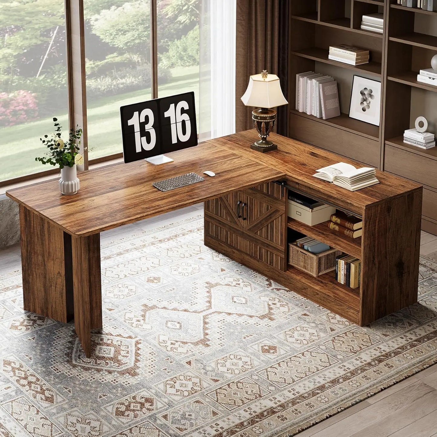 L-Shaped Executive Desk 70.9 Inch Mid-Century Farmhouse Office Furniture