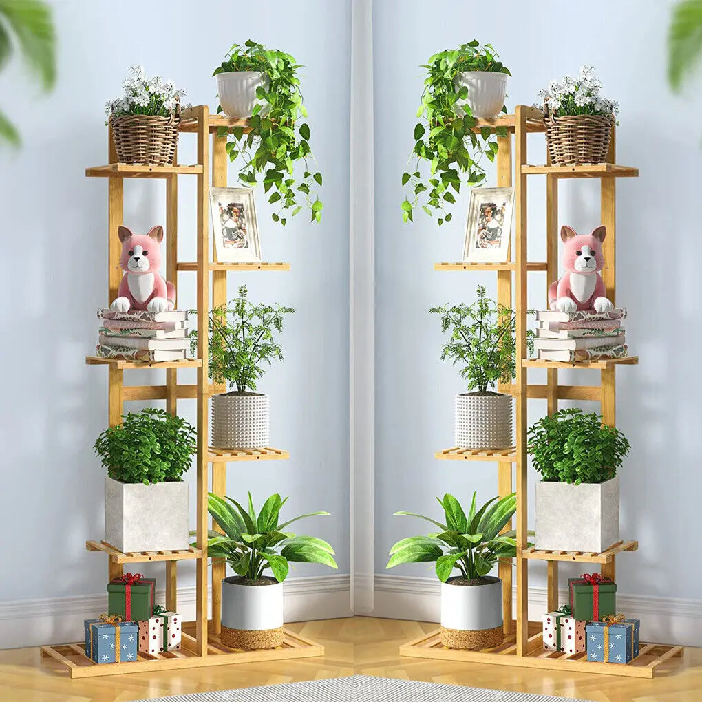 Bamboo Corner Tall Plant Stand Rack Indoor Outdoor Multiple Flower Holder