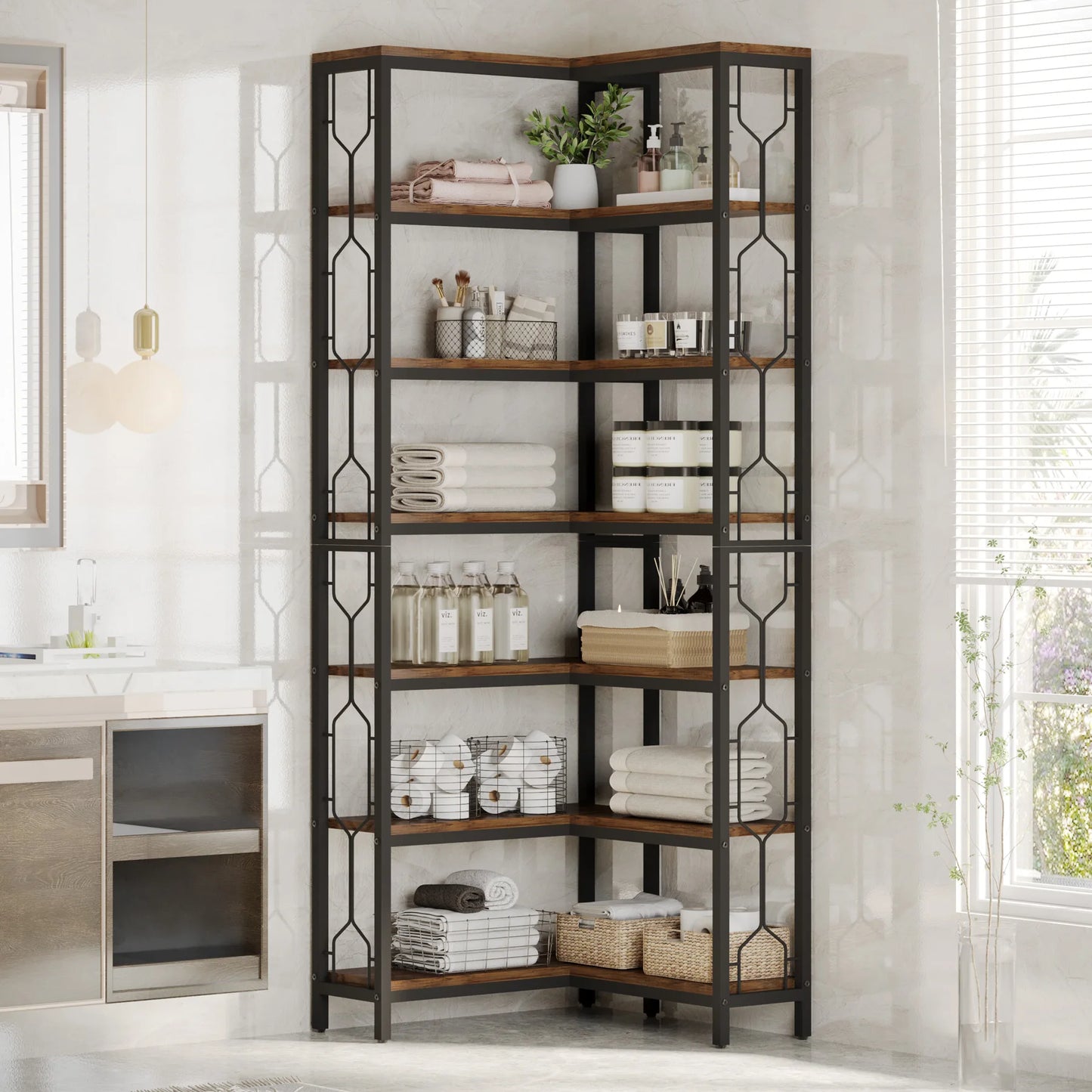 Ljustra 7-Tier Industrial Corner Shelf Wood Metal Bookcase Display Unit
