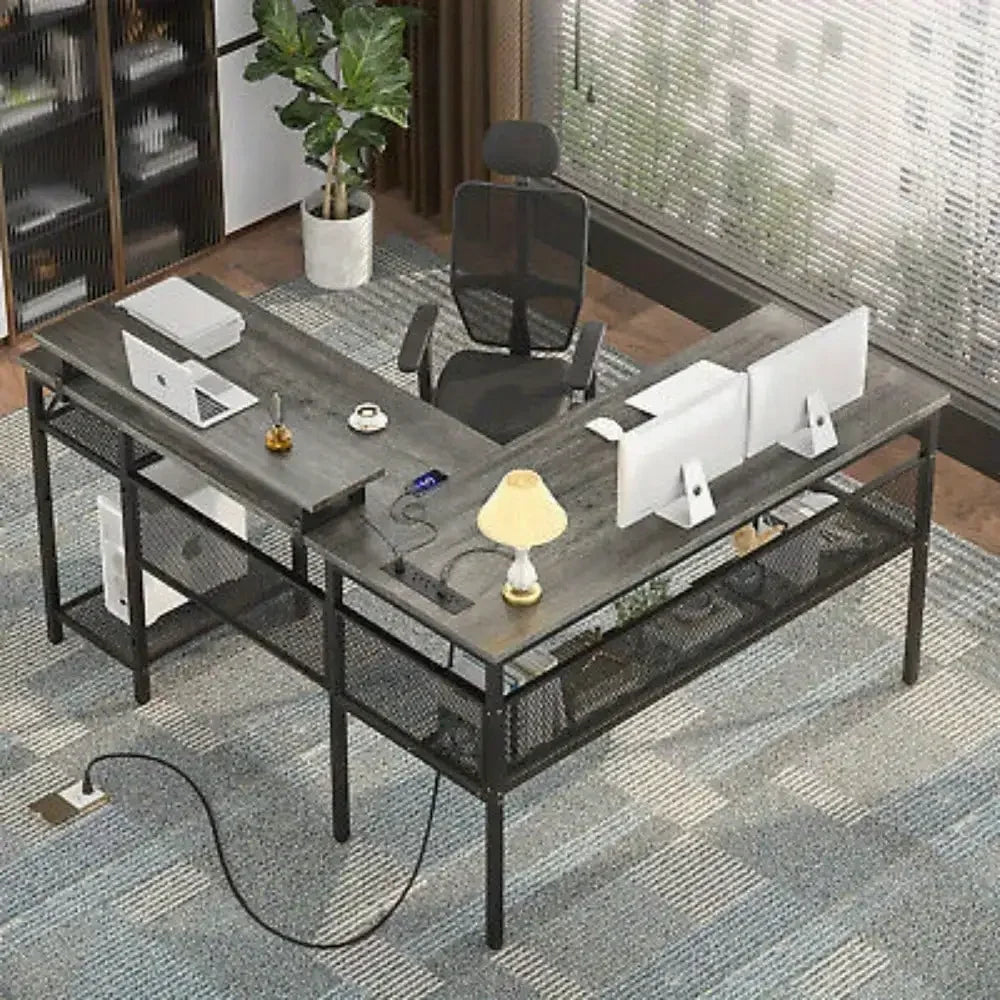L-Shaped Computer Desk with Lighting and Grid Bookshelves for Home Office