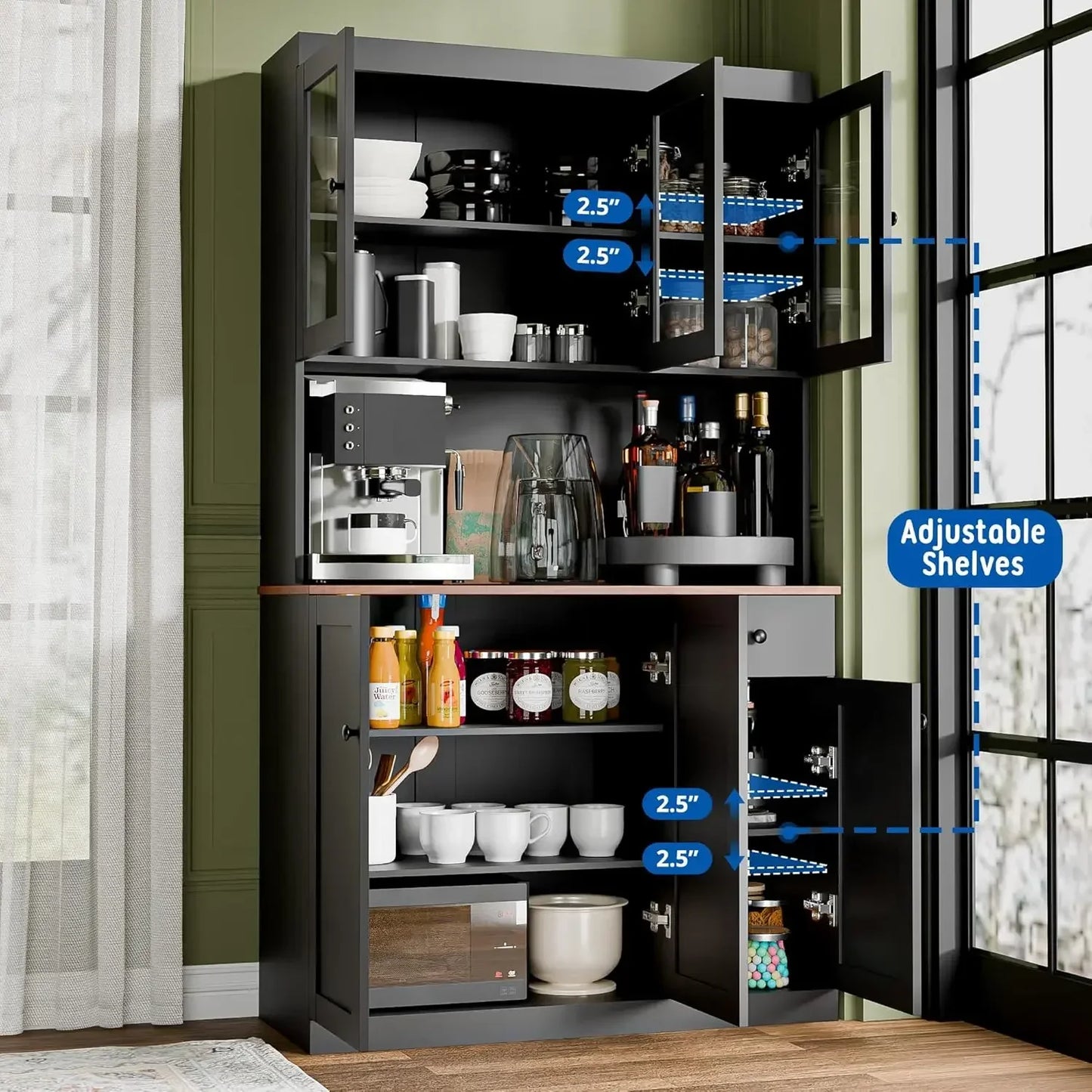 71 Inch Tall Kitchen Pantry Storage Cabinet with Microwave Stand Black