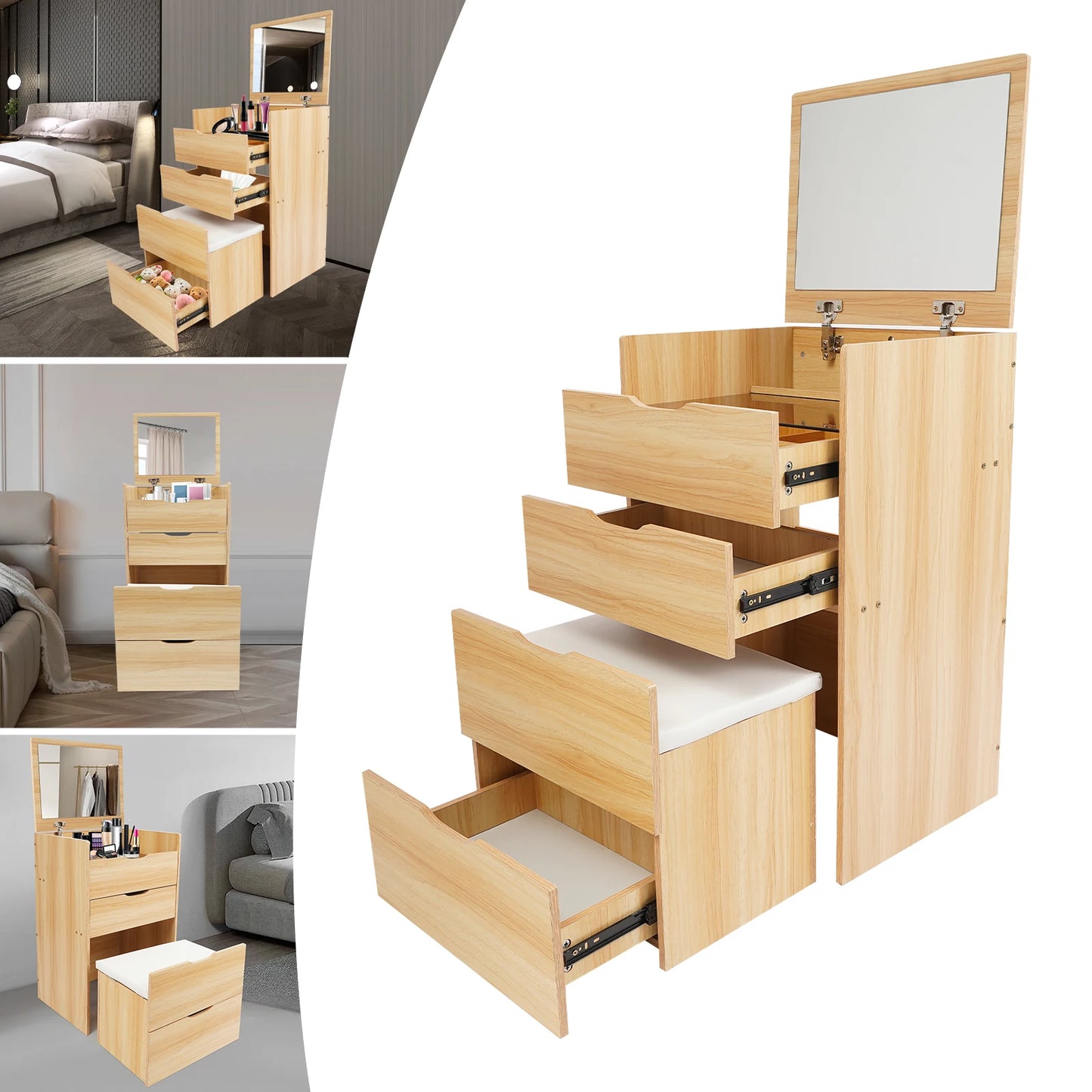 48CM Log Color Vanity Desk with Makeup Stool Modern Dresser Table