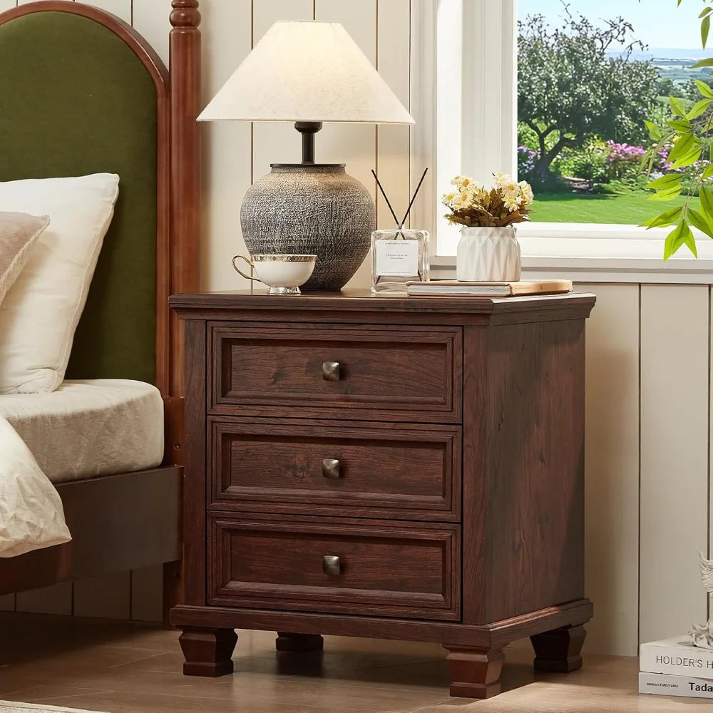 Rustic Farmhouse Nightstand Set of 2 with 3 Drawers and Solid Wood Legs