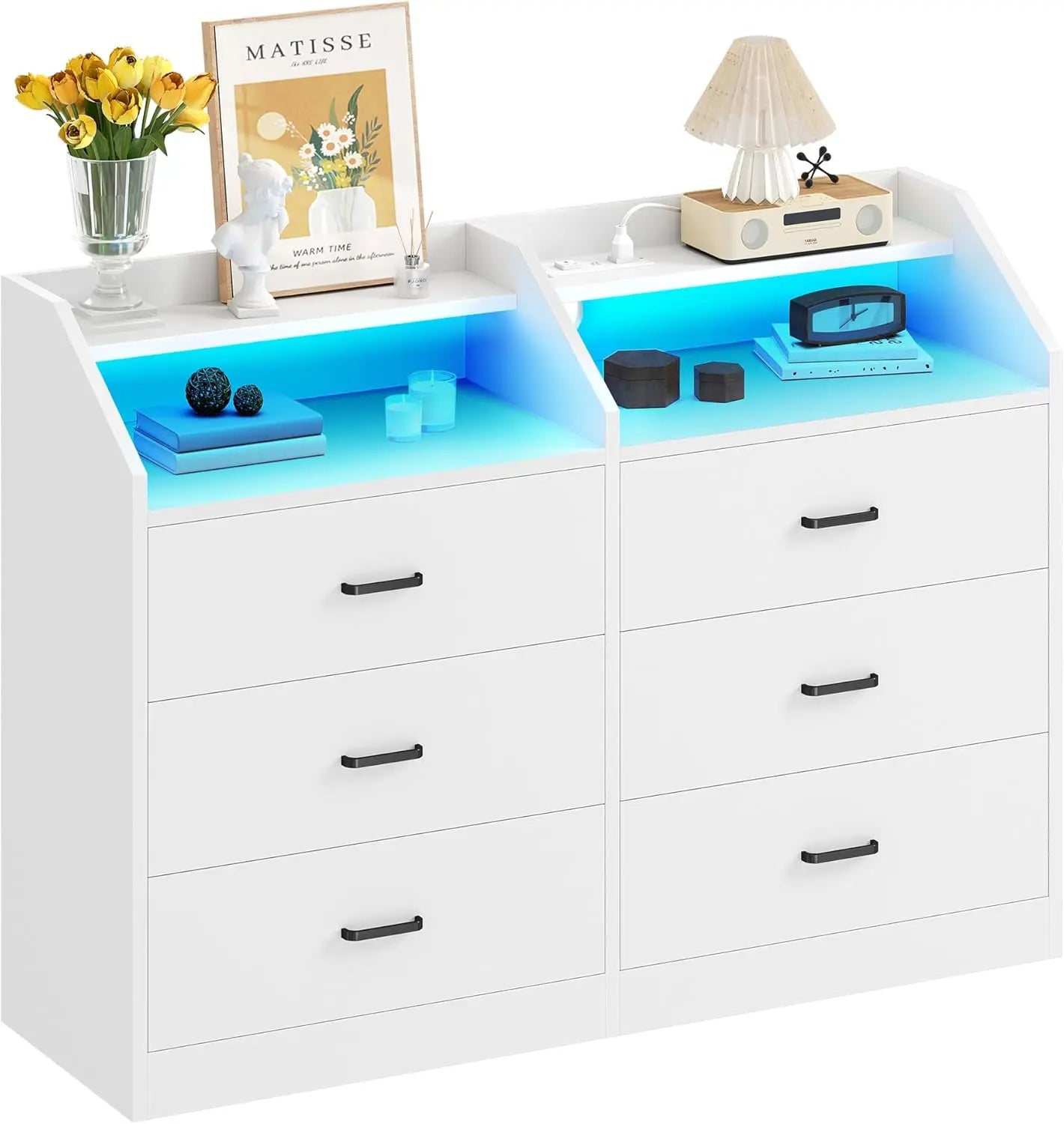 6 Drawer Dresser LED Light Charging Station Modern Storage Cabinet