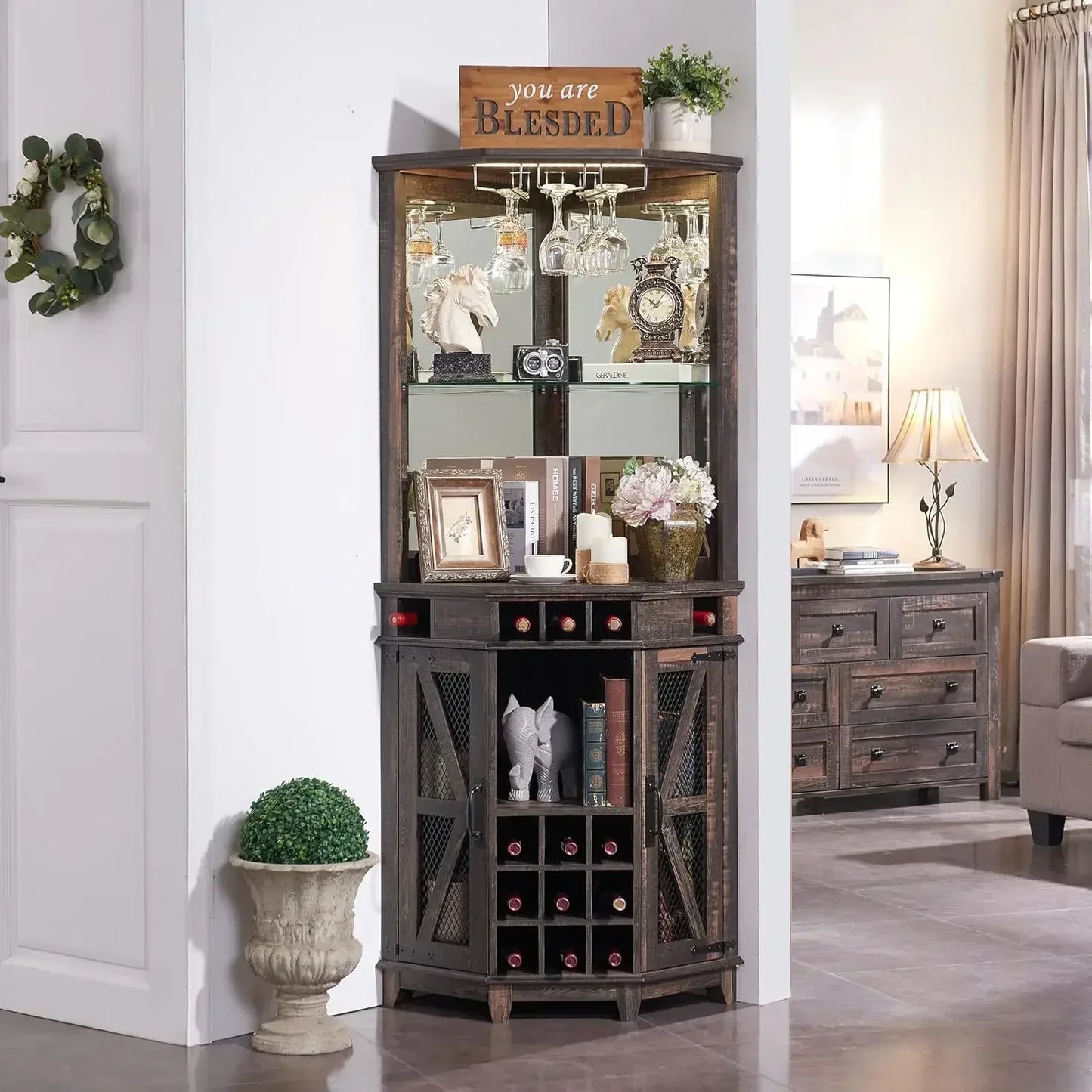 Ljustra Corner Bar Cabinet 72" Tall Farmhouse Wine Storage with LED Light