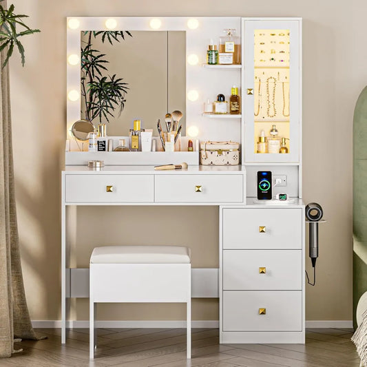 Vanity Desk with Mirror and RGB LED Lights 5 Drawers Jewelry Organizer