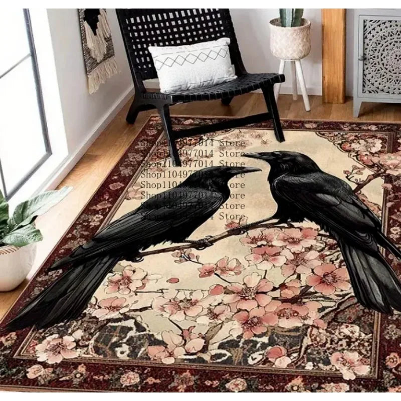 Black Crows Cherry Blossoms Print Rug Soft Non-Slip Home Decor
