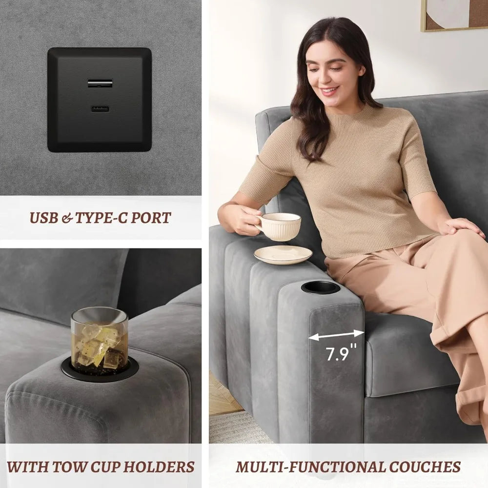 88 Inch Modern Velvet Recliner Sofa with Storage and Charging Ports