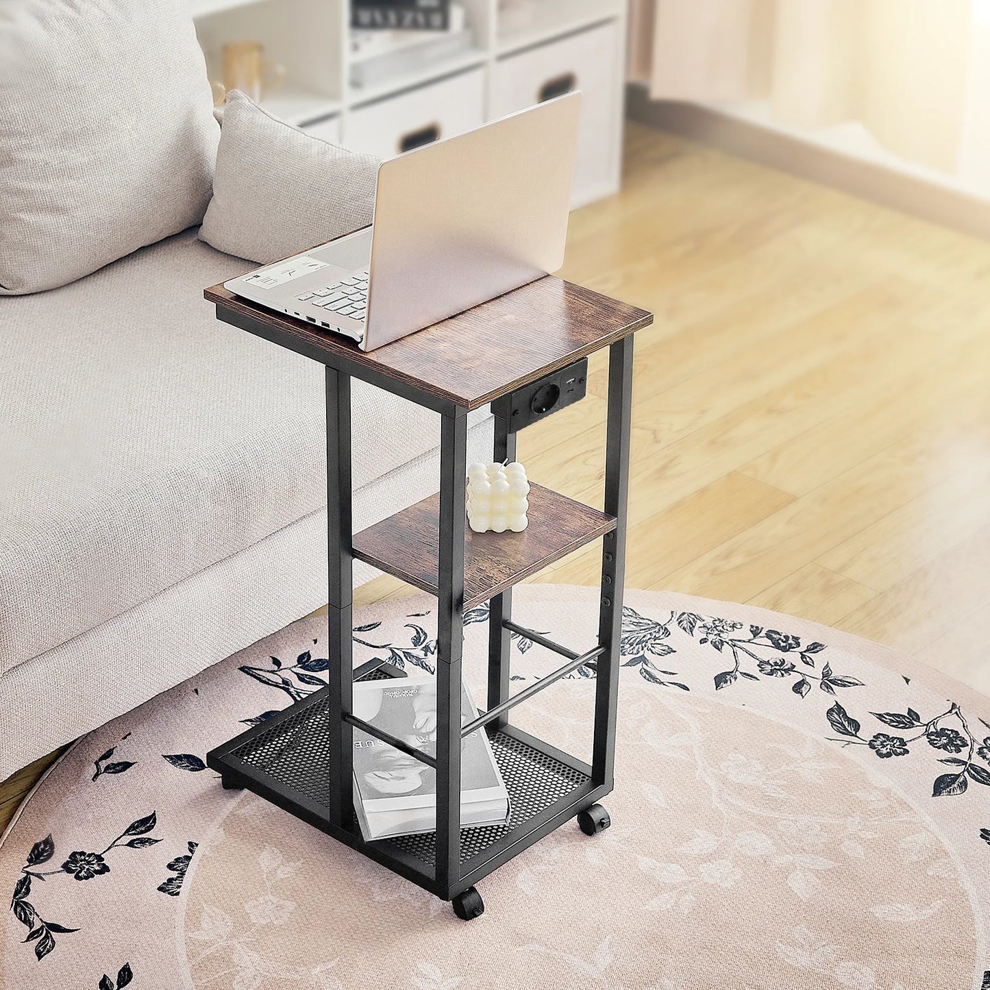 C Shaped End Table with Charging Station Rolling Wheels Small Space