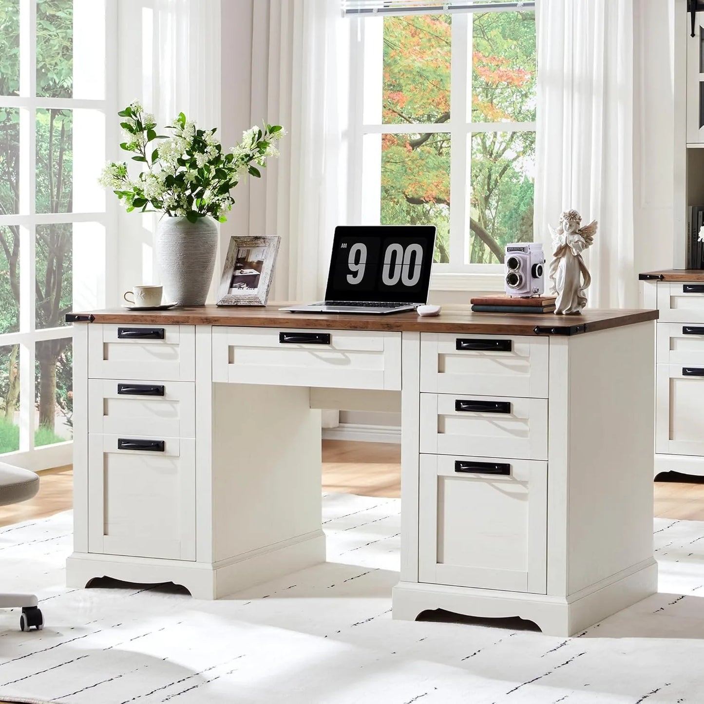 60 Inch Farmhouse Executive Desk with Drawers Charging Station
