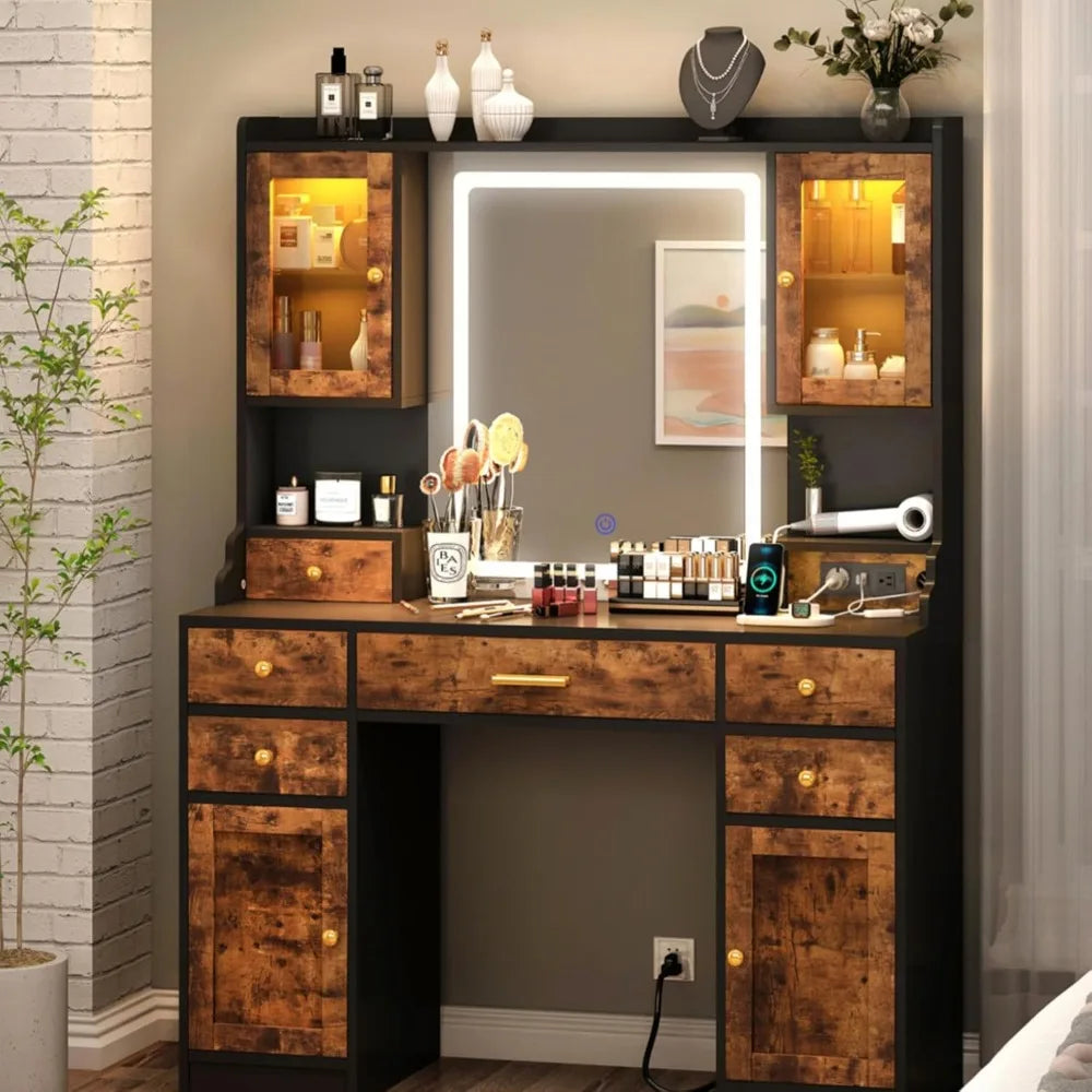 Vanity Desk with Mirror RGB Cabinet and Power Outlet for Makeup