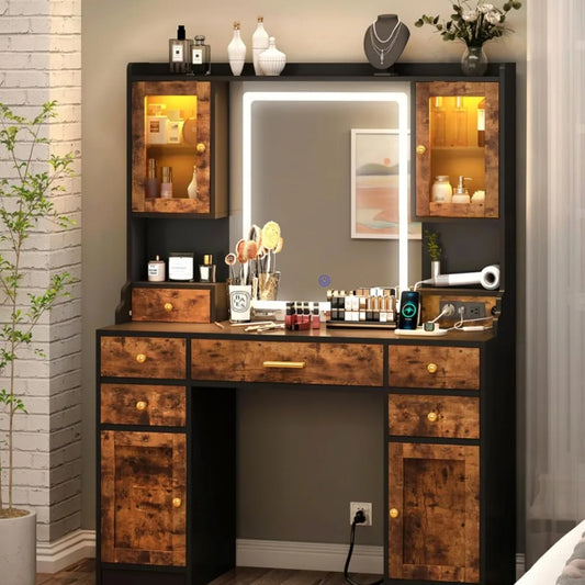 Vanity Desk with Mirror RGB Cabinet and Power Outlet for Makeup