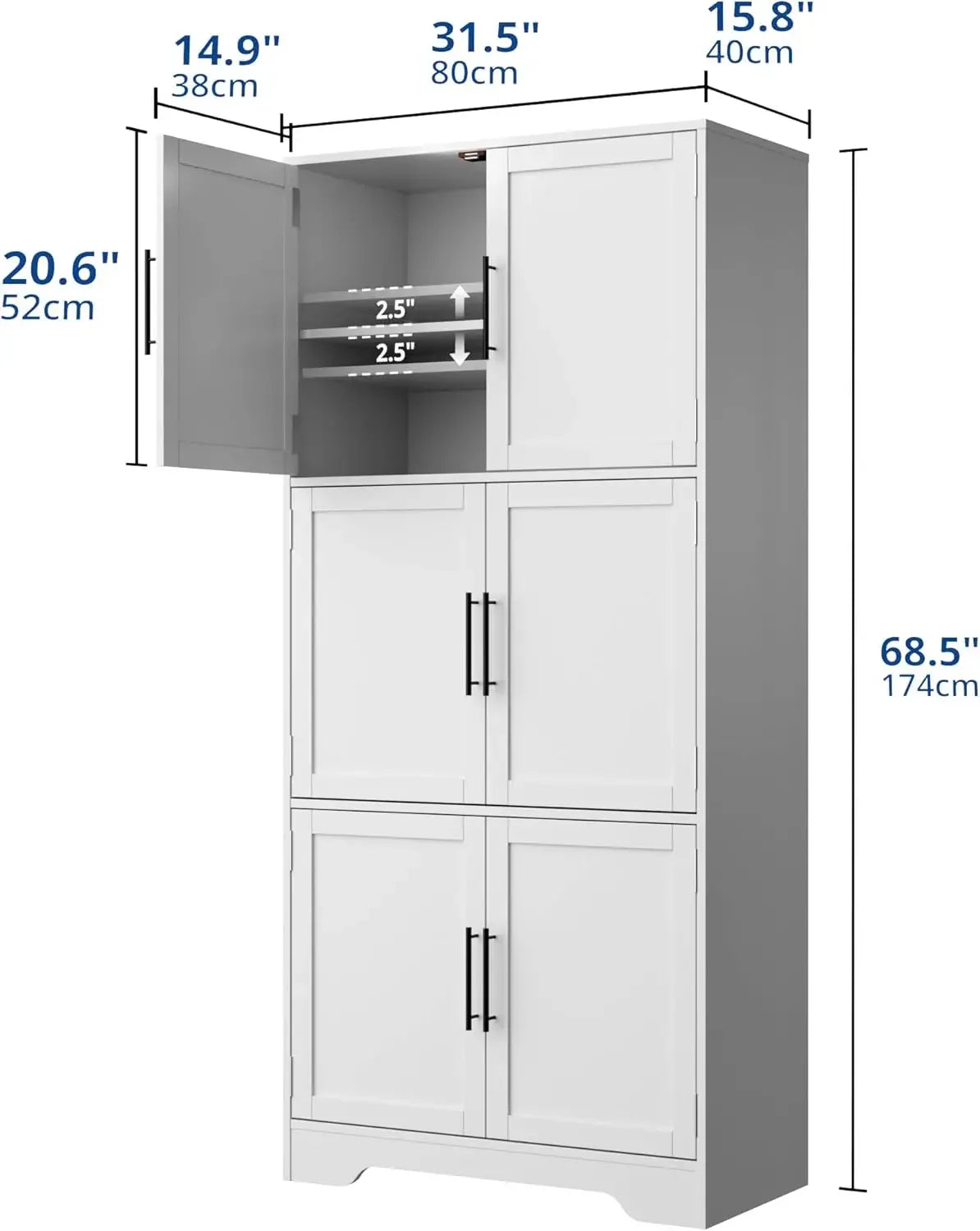 68.5 Inch Kitchen Pantry Cabinet Tall Storage 6 Doors Adjustable Shelves