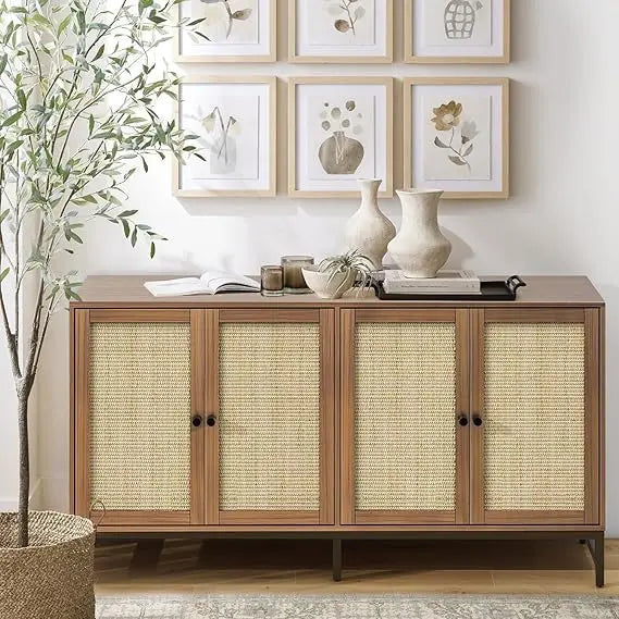 Rattan Sideboard Buffet Cabinet 59" Mid Century Modern Storage Console