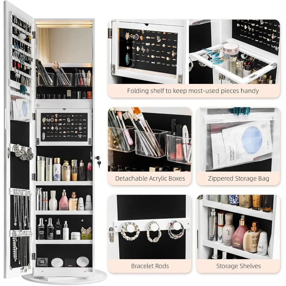Freestanding Rotating Jewelry Cabinet with Full-Length Mirror Storage