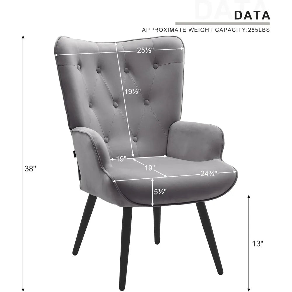 Grey Velvet Accent Chair Wingback Modern Living Room Furniture