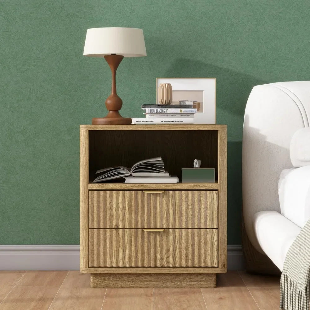 Fluted Nightstands Set of 2 Modern Wooden Bedside Tables Storage Drawers