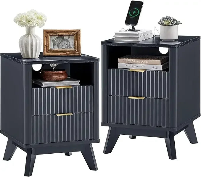 Fluted Nightstand with Charging Station 18" Modern Side Table 2 Drawers