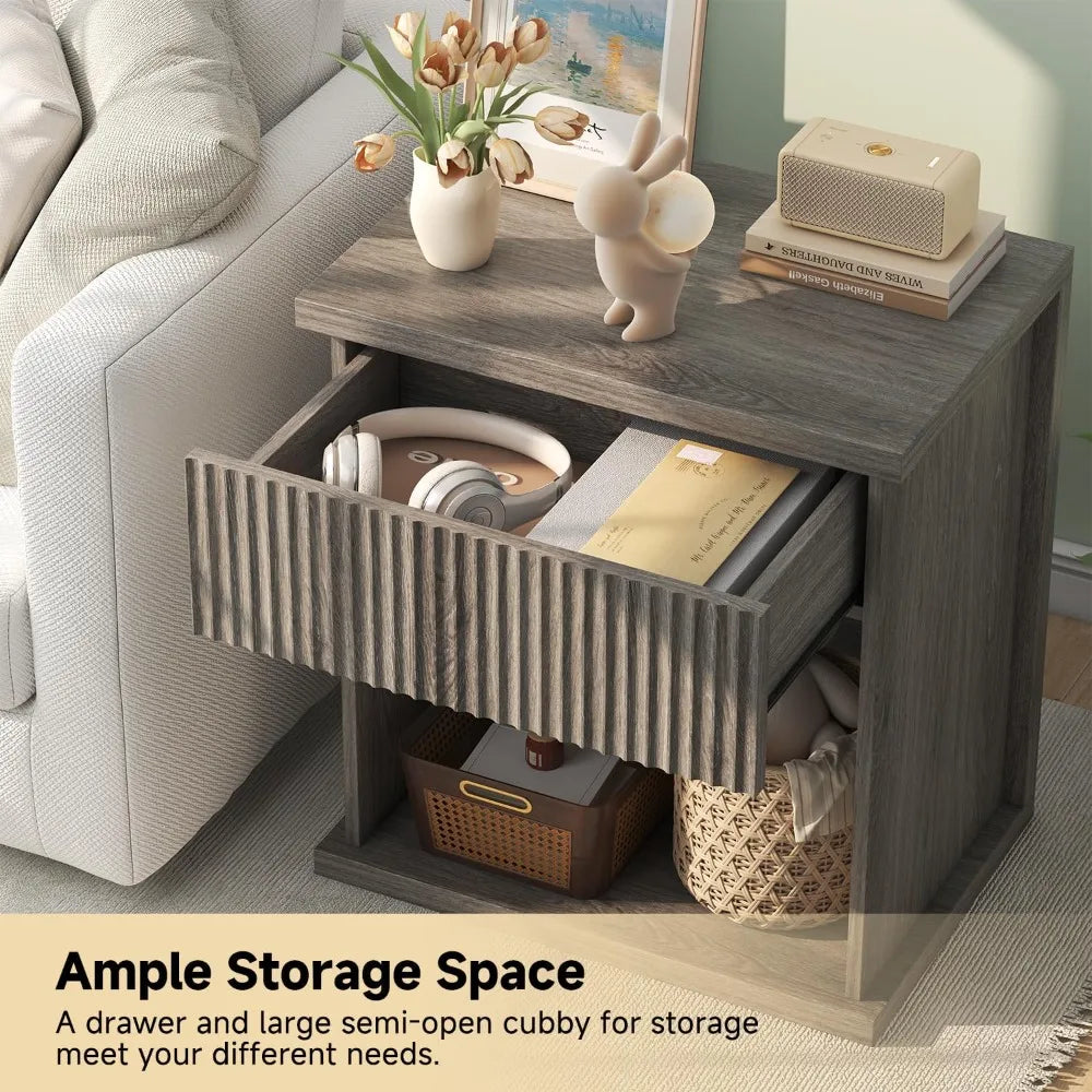 Fluted Nightstand Set of 2 Modern Wood Bedside Tables for Bedroom Storage