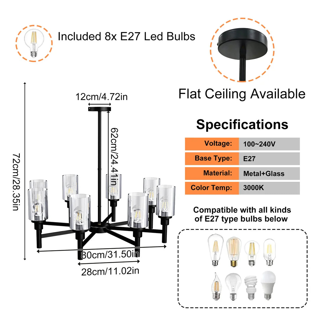Ljustra 8-Light Industrial Ceiling Lamp Chandelier for Kitchen Dining Room