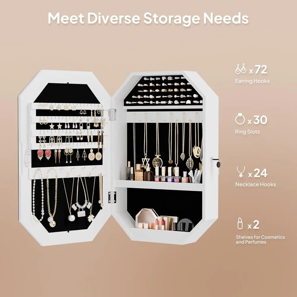 Modern Diamond Jewelry Armoire Lockable Wall Mounted Organizer with Mirror