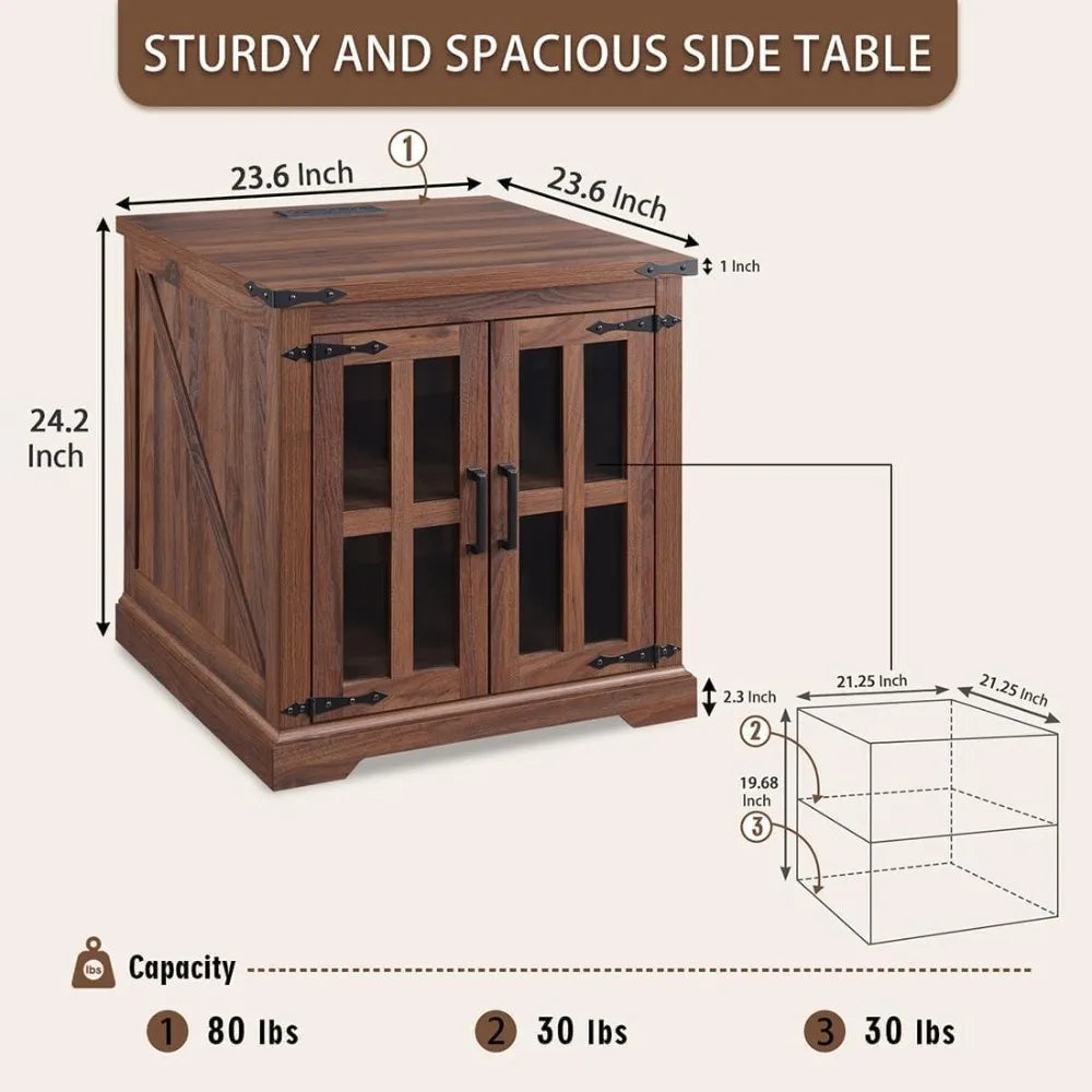 Farmhouse End Table with Charging Station Rustic Nightstand 24 Inch
