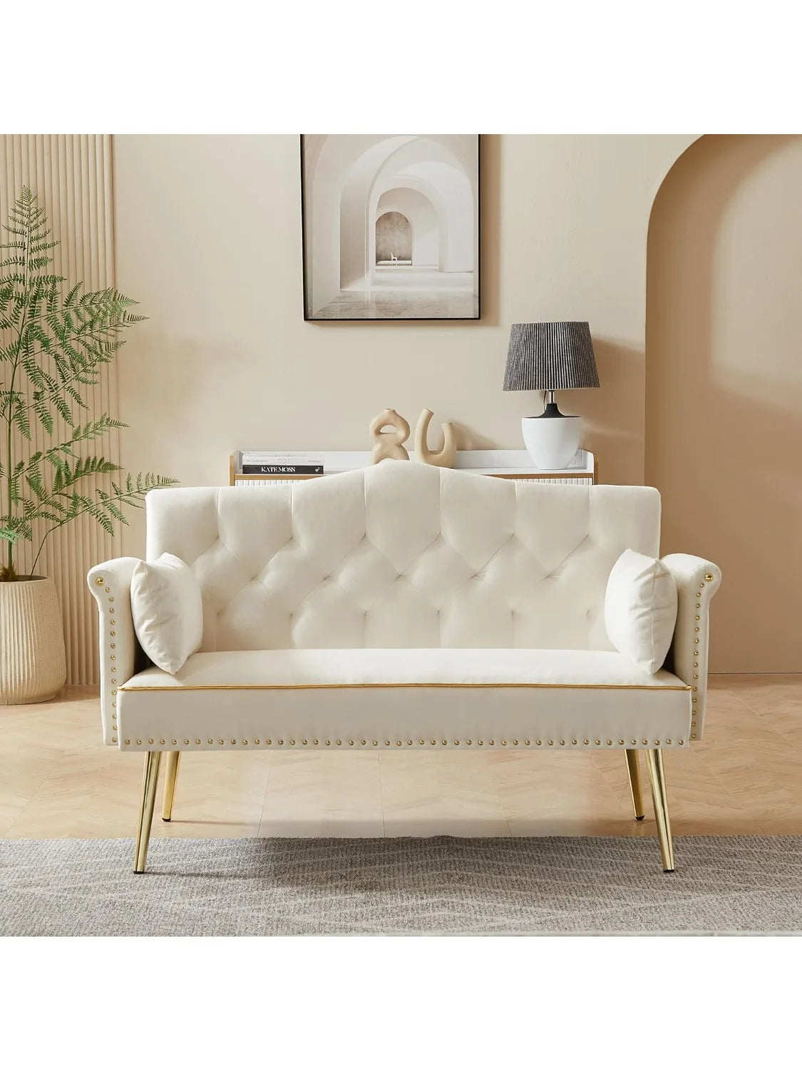 55 Inch Modern Velvet Loveseat Sofa with Gold Legs and Side Pockets