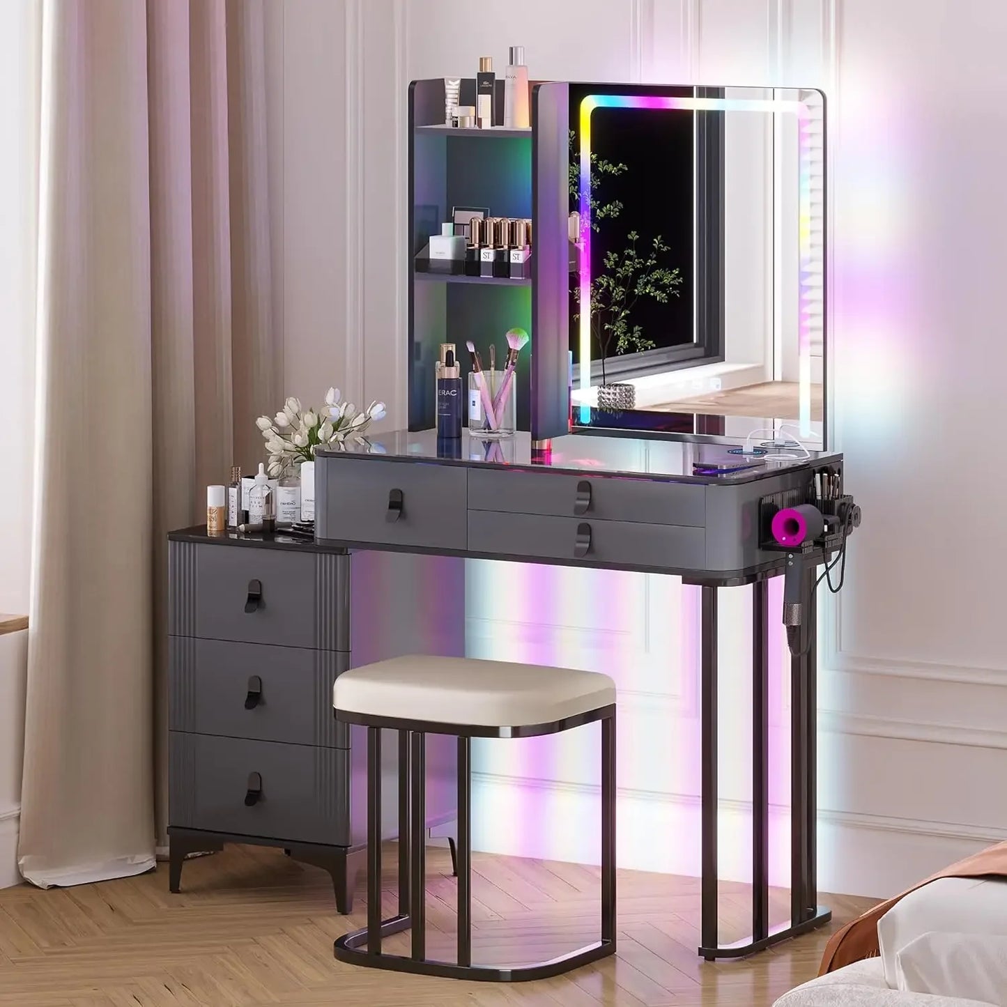 Makeup Vanity Table with Wireless Charging USB Ports 5 Drawers LED Mirror