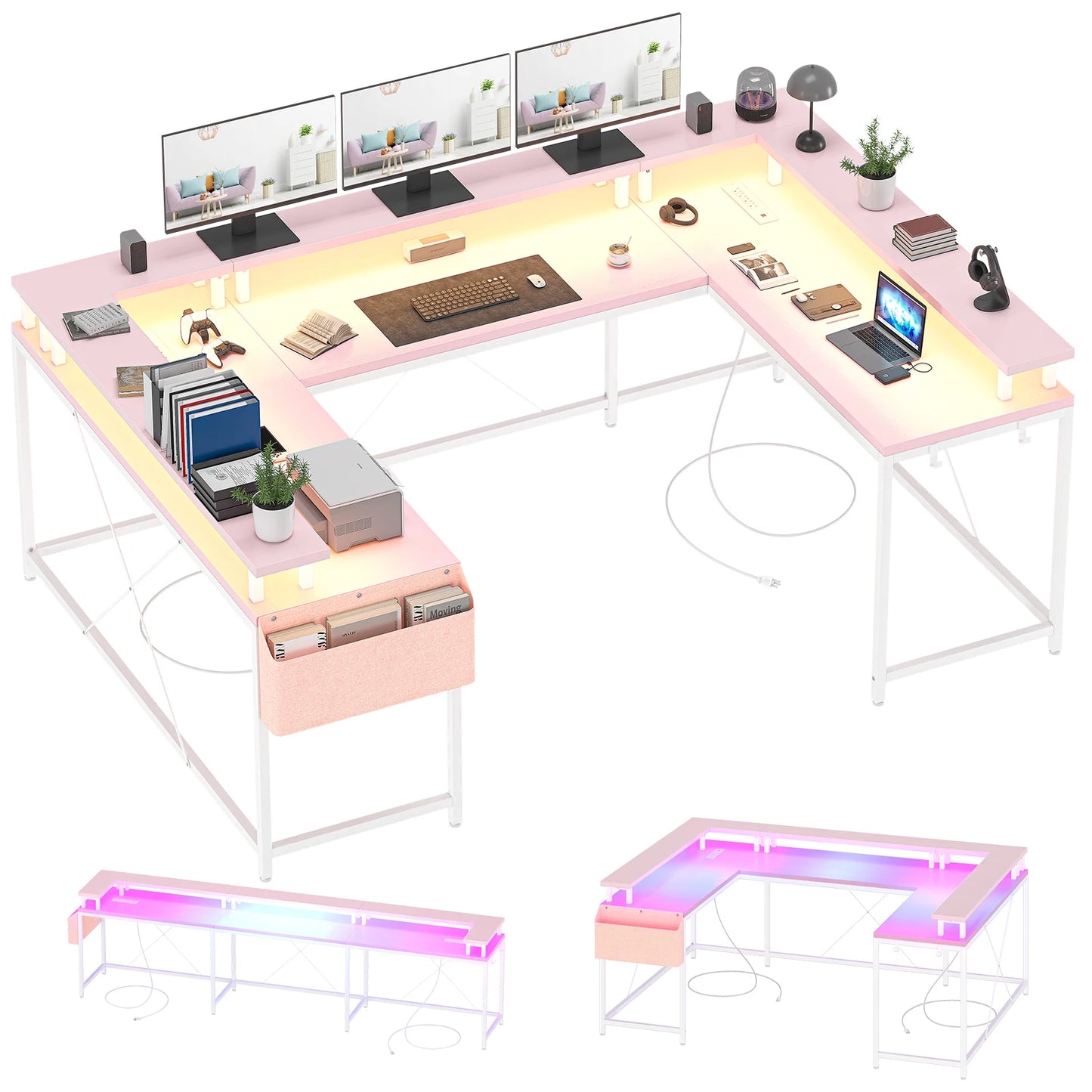 Modern L-Shaped Computer Desk with LED Lights Power Outlet and Shelves
